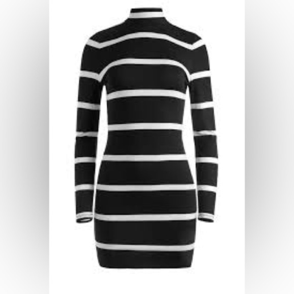 Alice + Olivia Black White Striped Mock Neck Mini Dress | Chic | Trendy 8 - Picture 2 of 13